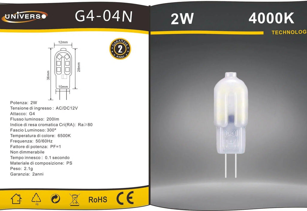 UNIVERSO · Confezione da 15 Pezzi – Lampadina LED G4 2W, Bulb Chip SMD, 300°, 200 Lumen, AC/DC 12V – dettaglio 3