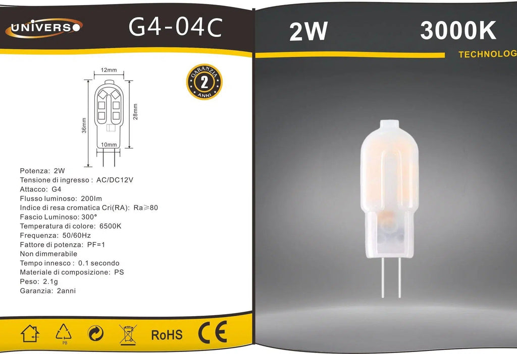 UNIVERSO · Confezione da 15 Pezzi – Lampadina LED G4 2W, Bulb Chip SMD, 300°, 200 Lumen, AC/DC 12V – dettaglio 5