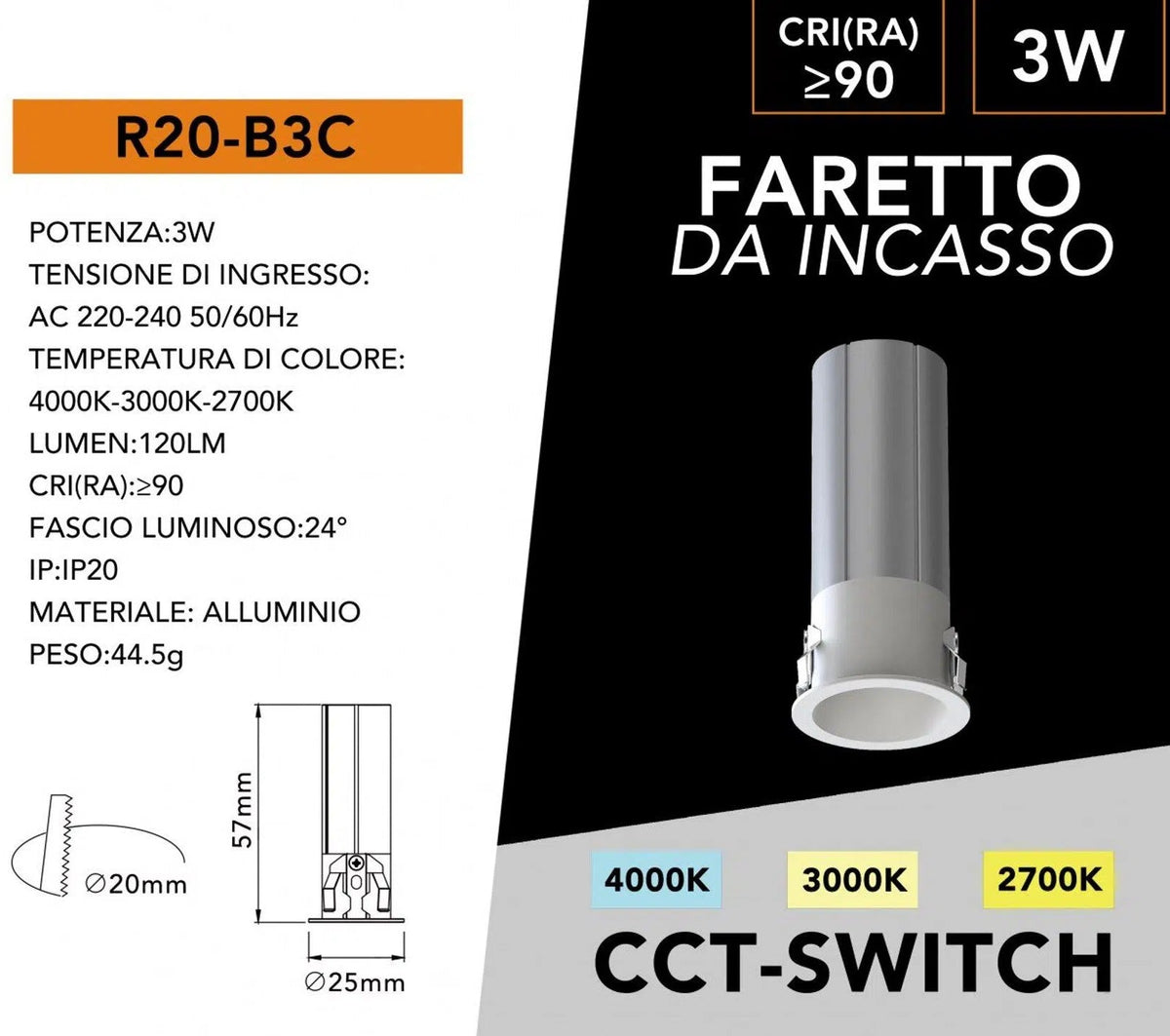 UNIVERSO · Faretto LED Rotondo da Incasso R20-B3C 3W | CCT Selezionabile Bianco/Argento – dettaglio 7