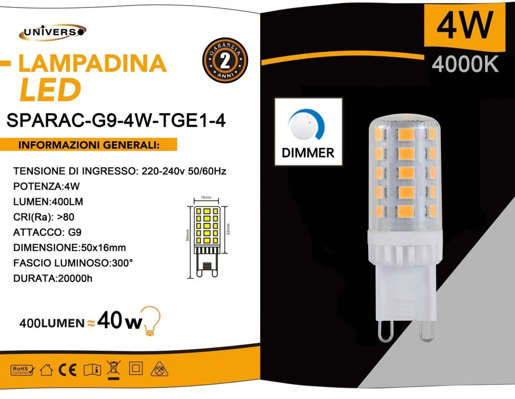 UNIVERSO · Confezione da 15 Pezzi SPARAC-G9-4W-TGE1 – Lampadina LED G9 Dimmerabile, 4W Tubolare SMD, 400 Lumen, CCT 3000K/4000K/6500K – dettaglio 3