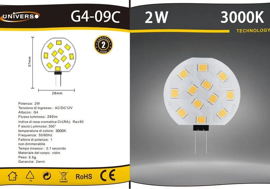 UNIVERSO · Confezione da 10 Pezzi G4-09 – Lampadina LED G4, 2/2.5W, Disc SMD, CCT 3000K/4000K/6500K – dettaglio 5