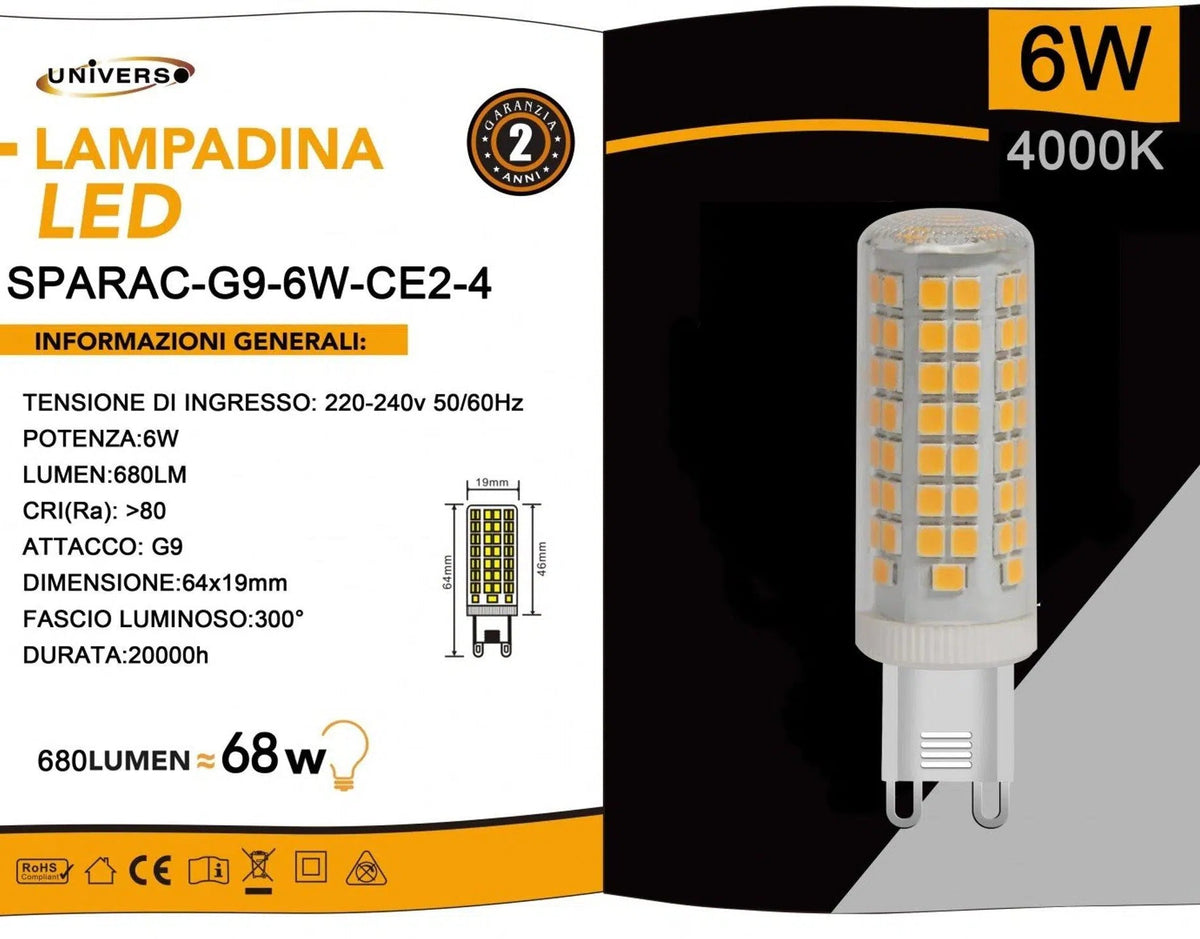 UNIVERSO · Confezione da 15 Pezzi – Mini Lampadina CORN Tubolare LED SMD 2835, G9 6W, 680 Lumen, CCT 3000K/4000K/6500K – dettaglio 5