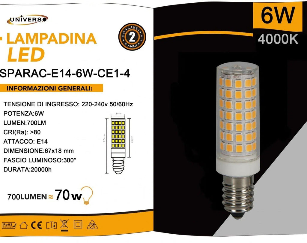 UNIVERSO · Confezione da 15 Pezzi – Mini Lampadina CORN LED SMD 2835, Attacco E14, 6W, 660 Lumen, CCT 3000K/4000K/6500K – dettaglio 5