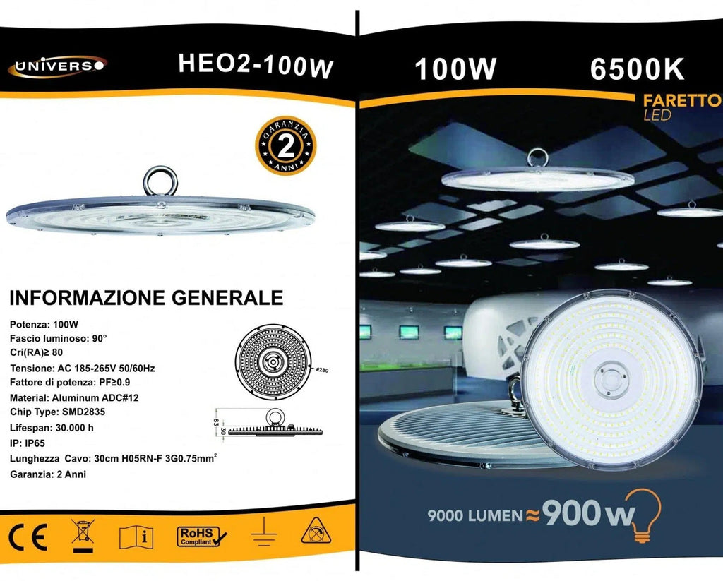 UNIVERSO · Campana LED UFO Lampada Industriale a Sospensione Ultra Slim 100W – da Esterno, IP65, 9.000 Lumen, Driver Incorporato – dettaglio 6