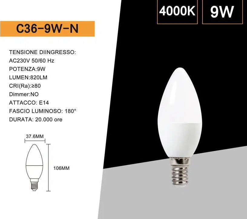 UNIVERSO · Confezione da 15 Pezzi – Lampadina LED E14 9W, Candela C37, SMD, 820 Lumen, CCT 3000K/4000K/6500K – dettaglio 3