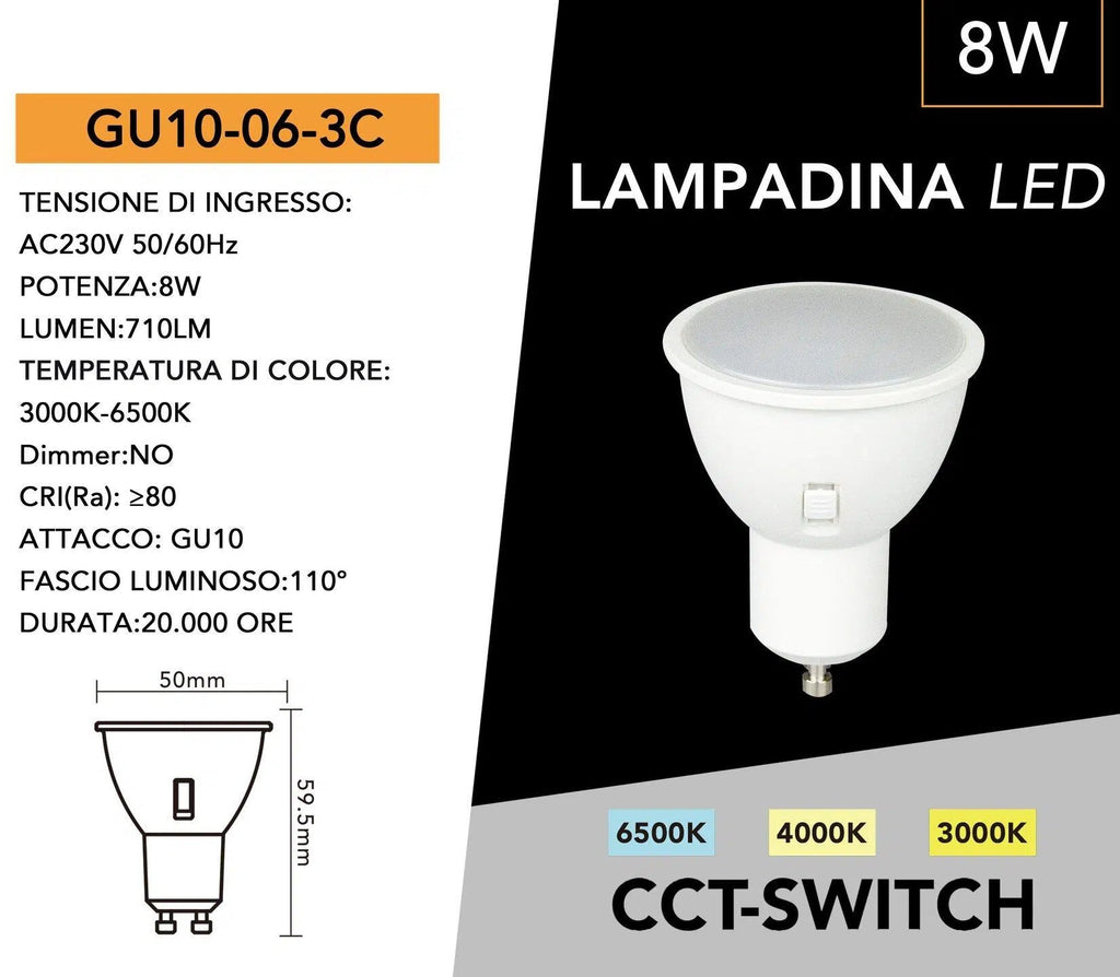 UNIVERSO · Confezione da 15 Pezzi GU10-06-3C – Lampadina Faretto LED 8W, 710 Lumen, Attacco GU10, CCT Switch (3000K/4000K/6500K) – dettaglio 7