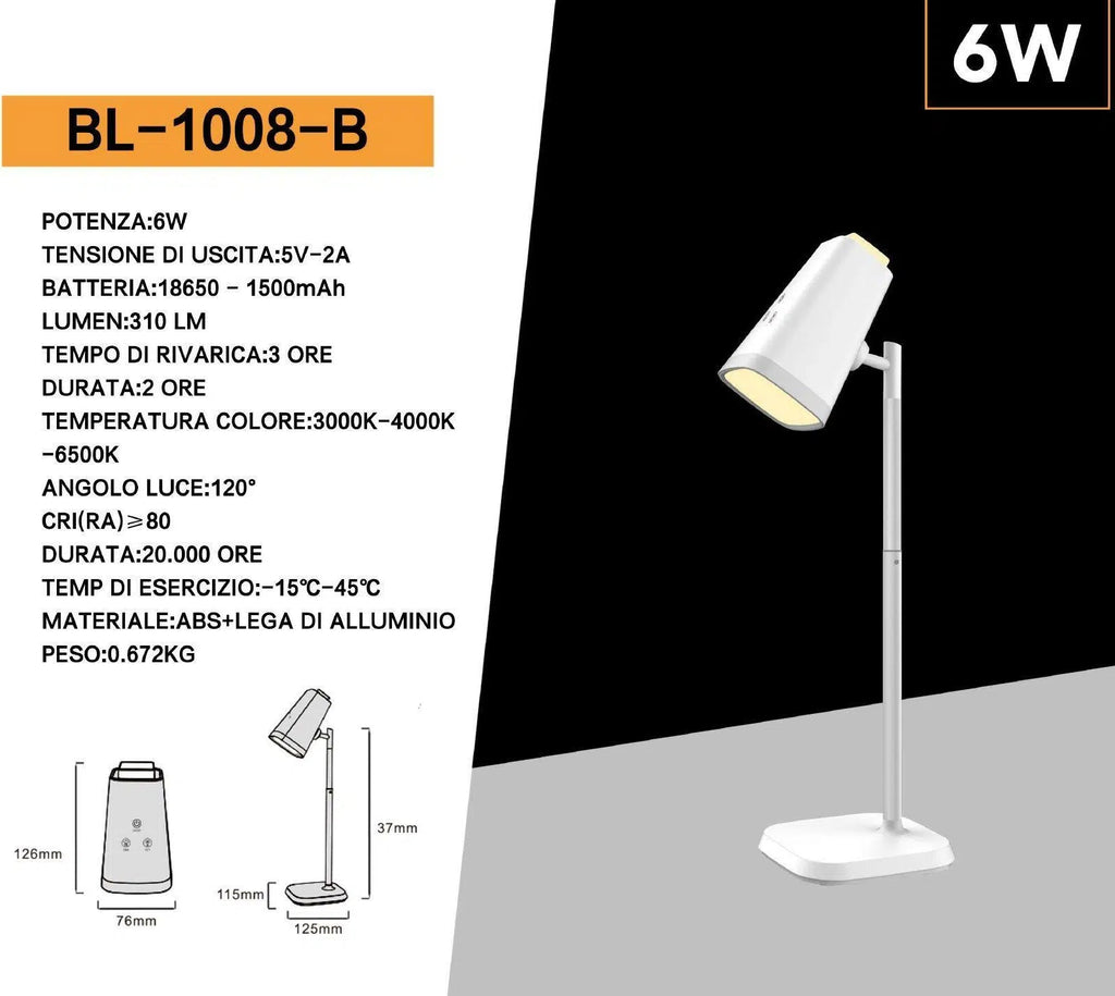 UNIVERSO · Lampada Multifunzione Ricaricabile da Tavolo BL-1008-B – 6W Dimmerabile, CCT 3in1 con Temperatura Luce Selezionabile, Colore Bianco – dettaglio 7