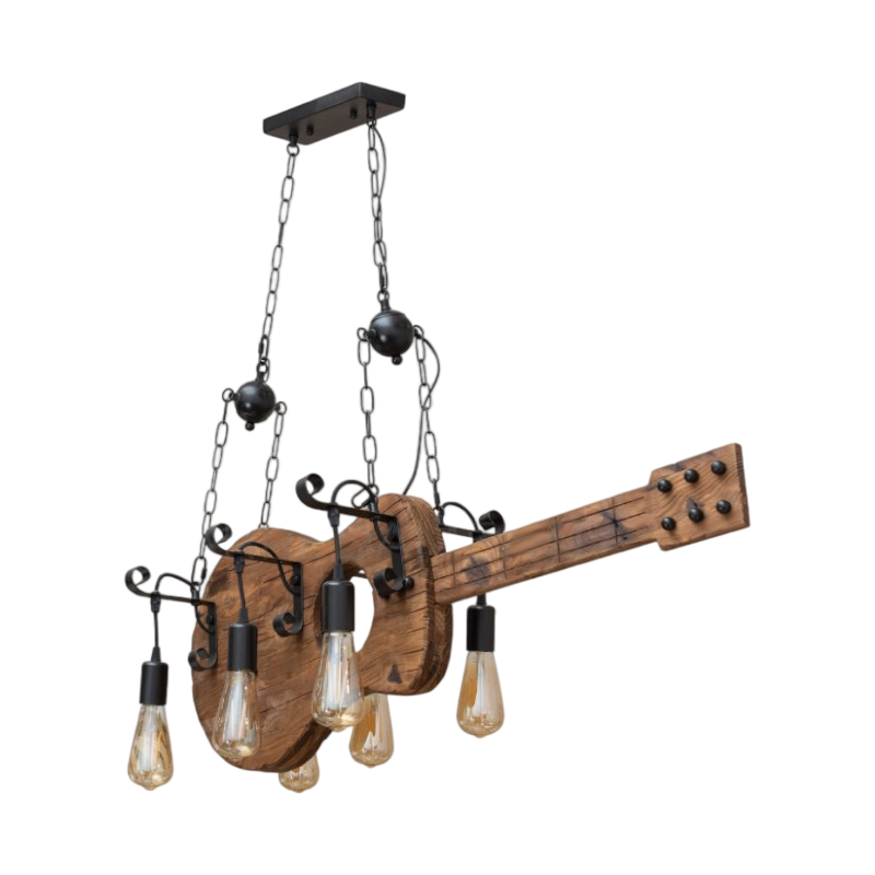 UNIVERSO · Lampadario a Sospensione Country Rustico – Forma di Chitarra in Legno con 6 Attacchi E27 – dettaglio 2