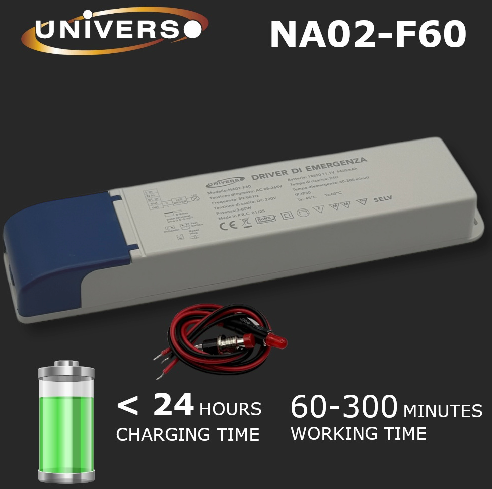 UNIVERSO · NA02-F60 Driver di Emergenza per Lampade LED 3W–60W con Autonomia fino a 300 Minuti – Uscita DC 220V – dettaglio 4