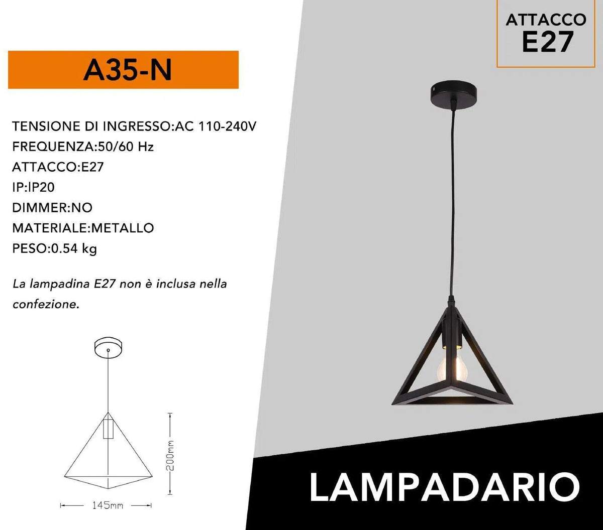 UNIVERSO · Lampadario a Sospensione Pendente – Forma Triangolare con Attacco E27, Finitura Bianca o Nera – dettaglio 5