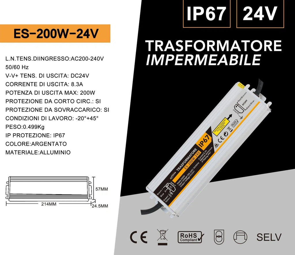 UNIVERSO · Alimentatore metallico stabilizzato switching impermeabile IP67 220V-24V 8.3A 200 watt – dettaglio 3