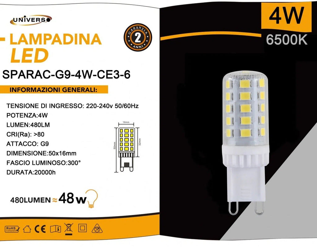 UNIVERSO · Confezione da 10 Pezzi – Lampadina LED G9 Spotlight 4W, Tubolare SMD Chip 2835, AC 180-265V, 120 Lumen/Watt – dettaglio 5
