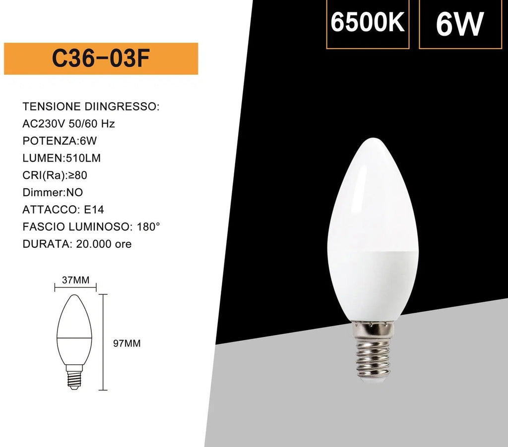 UNIVERSO · Confezione da 15 Pezzi – Lampadina LED Candela C36, Attacco E14, 6W, 510 Lumen, CCT 3000K/4000K/6500K – dettaglio 4