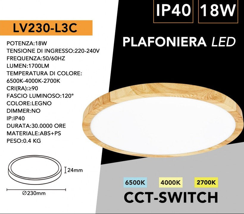 UNIVERSO · Plafoniera Ultra Slim Rotonda Effetto Legno LV-230-L3C 18W Ø23cm | CCT 3in1 IP40 – dettaglio 6