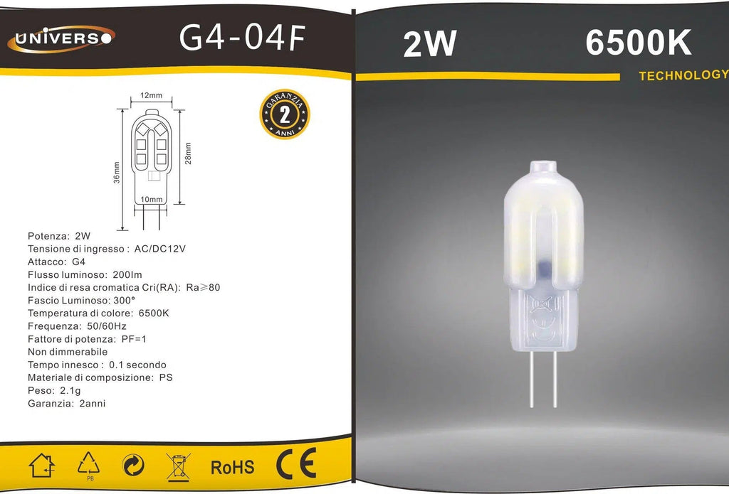 UNIVERSO · Confezione da 15 Pezzi – Lampadina LED G4 2W, Bulb Chip SMD, 300°, 200 Lumen, AC/DC 12V – dettaglio 4