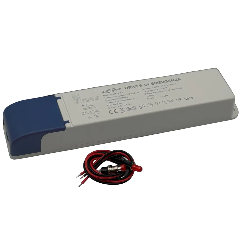 UNIVERSO · NA02-F60 Driver di Emergenza per Lampade LED 3W–60W con Autonomia fino a 300 Minuti – Uscita DC 220V – vista del prodotto