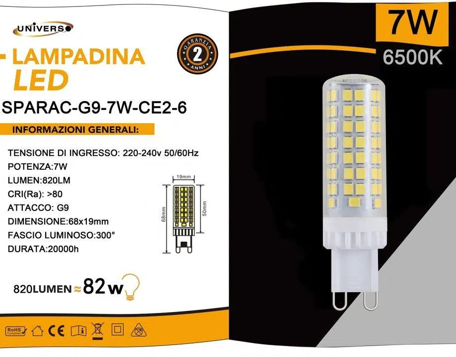UNIVERSO · Confezione da 15 Pezzi – Mini Lampadina CORN Tubolare LED SMD 2835, G9 7W, 820 Lumen, CCT 3000K/4000K/6500K – dettaglio 6