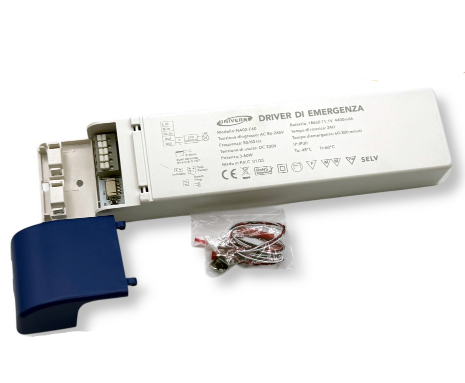 UNIVERSO · NA02-F60 Driver di Emergenza per Lampade LED 3W–60W con Autonomia fino a 300 Minuti – Uscita DC 220V – dettaglio 2
