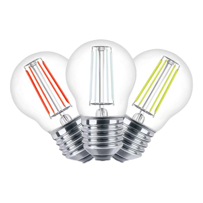 UNIVERSO · Confezione da 15 Pezzi – Lampadina LED E27 Colorata 4W, Miniglobo G45 a Filamento, 440 Lumen, Colore Rosso/Verde/Blu – vista del prodotto