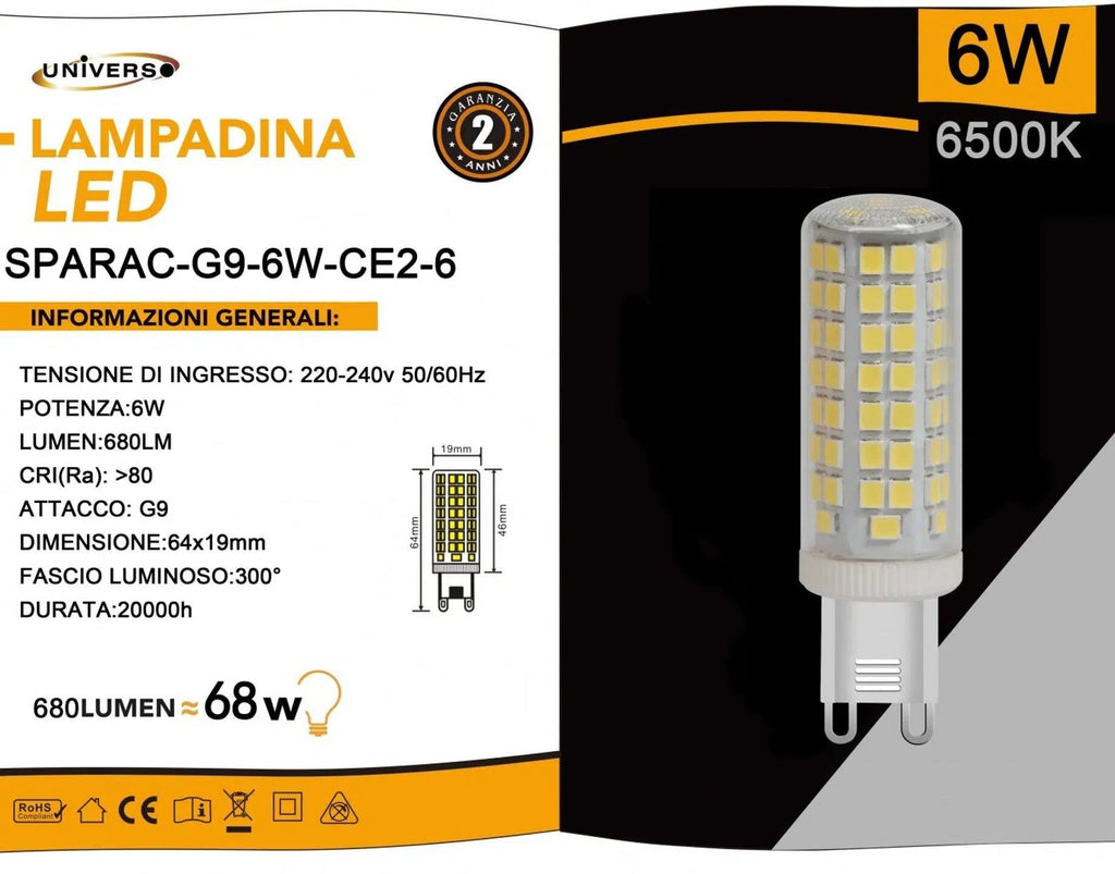 UNIVERSO · Confezione da 10 Pezzi – Mini Lampadina CORN Tubolare LED SMD 2835, G9 6W, 680 Lumen, CCT 3000K/4000K/6500K – dettaglio 6