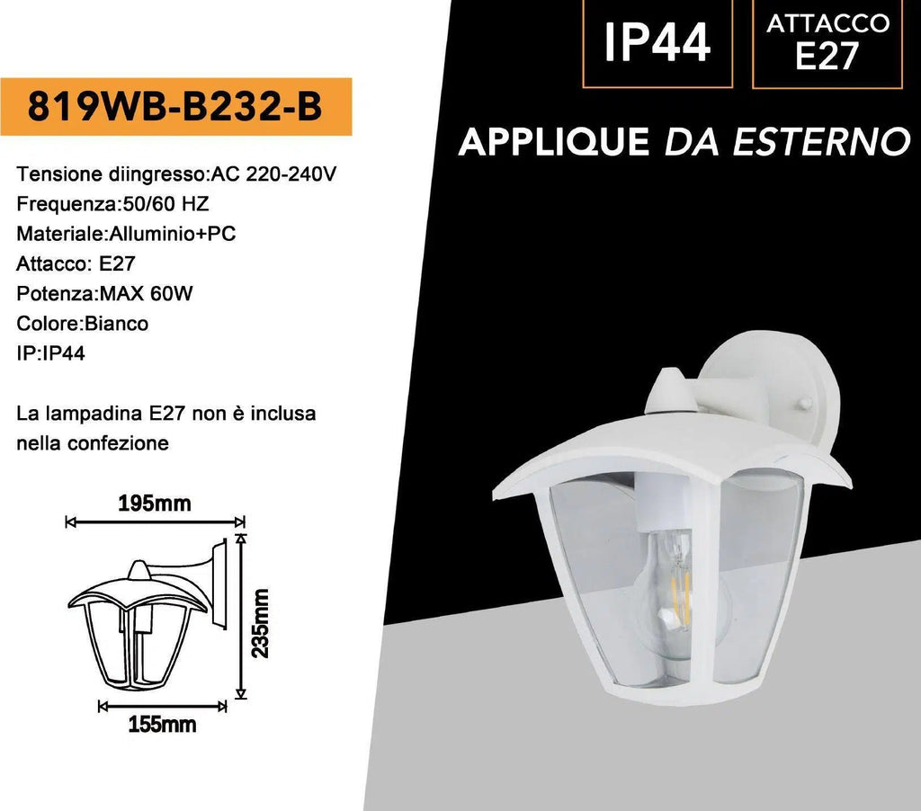 UNIVERSO · Portalampada lanterna da giardino 524WA-B247-B applique da muro bianca attacco E27 IP44 per esterno – dettaglio 5