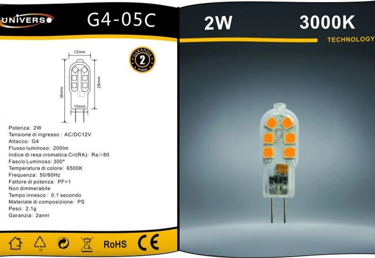 UNIVERSO · Confezione da 10 Pezzi G4-05 – Lampadina LED G4 2W, Bulb Chip SMD, 300°, 200 Lumen, AC/DC 12V – dettaglio 4