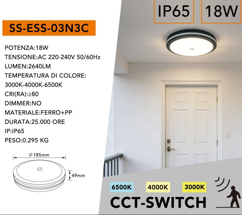 UNIVERSO · Plafoniera SMD LED Circolare con Sensore SS-ESS-03N3C 20W | Switch CCT 3000K-4000K-6500K IP65 – dettaglio 8
