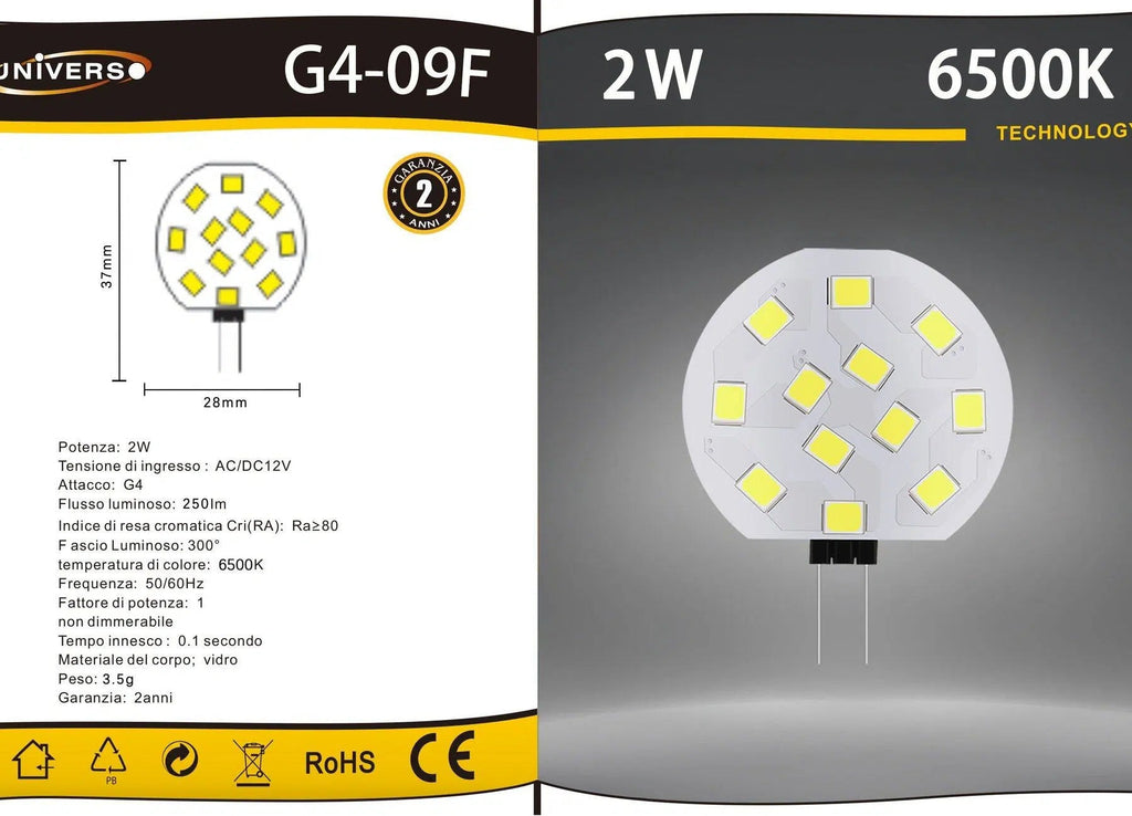 UNIVERSO · Confezione da 5 Pezzi G4-09 – Lampadina LED G4, 2/2.5W, Disc SMD, 220/300 Lumen, CCT 3000K/4000K/6500K – dettaglio 4