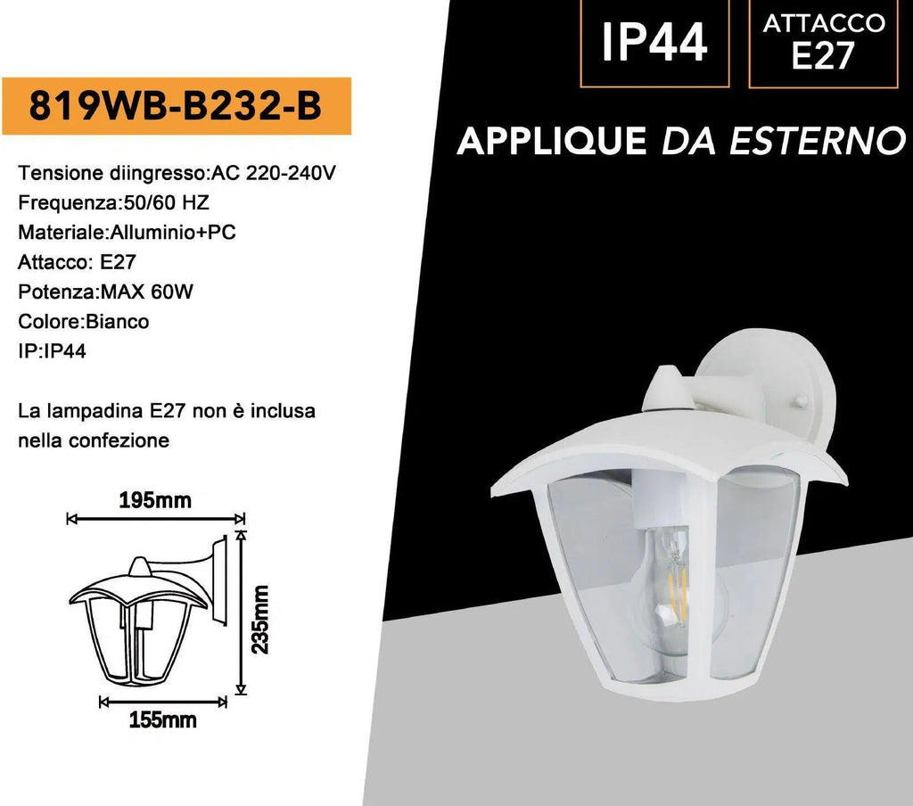 UNIVERSO · Portalampada lanterna da giardino 819WB-B232-B applique da muro bianca attacco E27 IP44 per esterno – dettaglio 3
