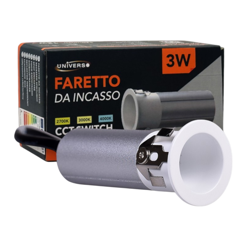 UNIVERSO · Faretto LED Rotondo da Incasso R20-B3C 3W | CCT Selezionabile Bianco/Argento – vista del prodotto