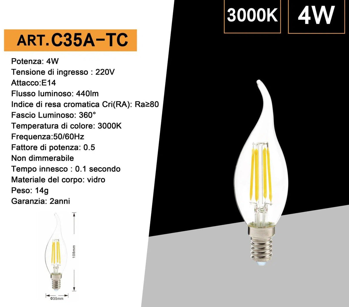 UNIVERSO · Confezione da 10 Pezzi C35A-T – Lampadina LED Filamento E14 4W, Candela a Fiamma, CCT 3000K/4000K/6500K – dettaglio 5