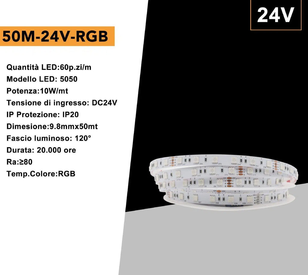 UNIVERSO · Striscia LED Flessibile RGB 50M-24V-RGB | 500W SMD 60 LED/m 24V Bobina 50m – dettaglio 4