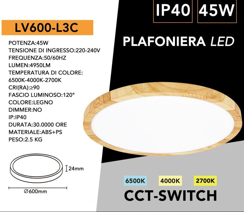 UNIVERSO · Plafoniera Ultra Slim Rotonda Effetto Legno LV-600-L3C 45W Ø60cm | CCT 3in1 IP40 – dettaglio 6