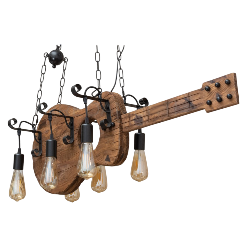 UNIVERSO · Lampadario a Sospensione Country Rustico – Forma di Chitarra in Legno con 6 Attacchi E27 – vista del prodotto