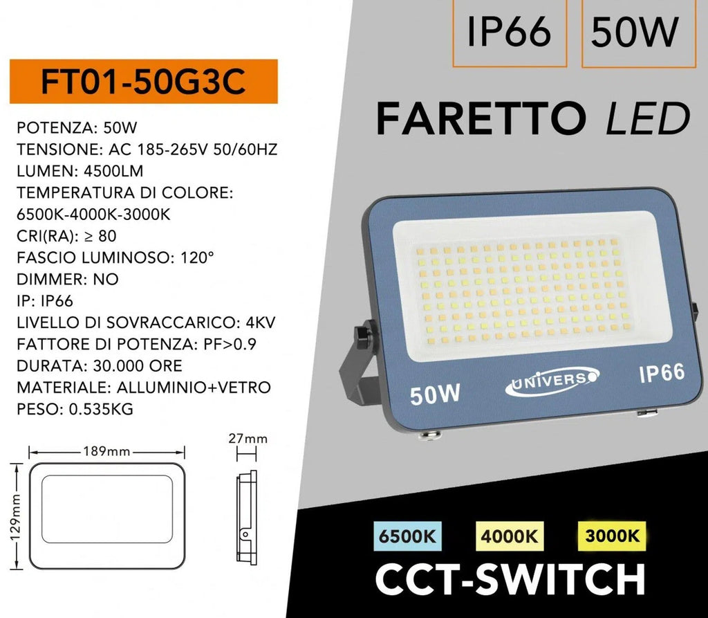 UNIVERSO · Proiettore LED Ultra Slim SMD FT01-50G3C 50W | CCT Selezionabile IP66 – dettaglio 4