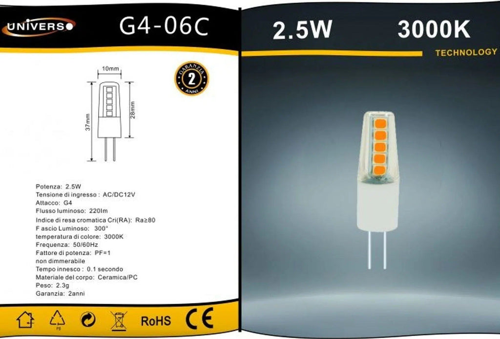 UNIVERSO · Confezione da 5 Pezzi – Lampadina LED G4 2.5W, Bulb Chip SMD, 300°, 220 Lumen, AC/DC 12V – dettaglio 5