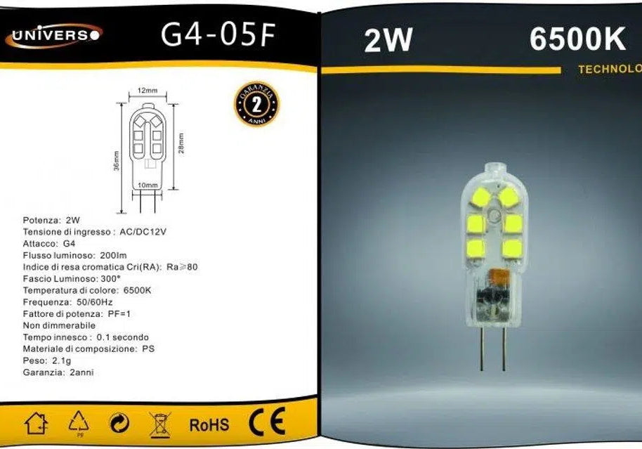 UNIVERSO · Confezione da 10 Pezzi G4-05 – Lampadina LED G4 2W, Bulb Chip SMD, 300°, 200 Lumen, AC/DC 12V – dettaglio 5