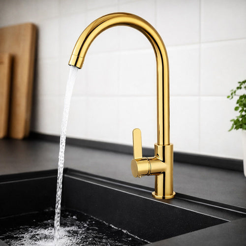 Solvivo · Rubinetto oro lucido da cucina canna alta curva orientabile – dettaglio 2