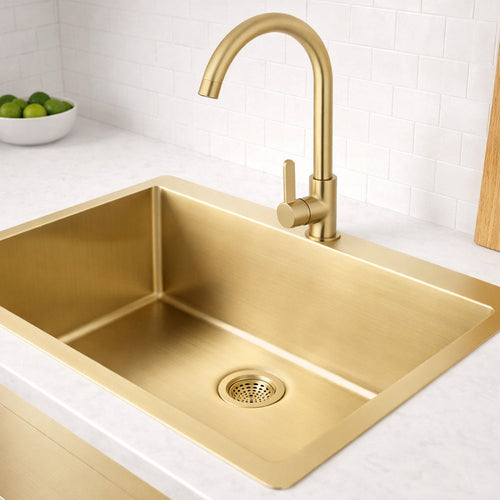 Solvivo · Rubinetto oro satinato da cucina canna alta curva orientabile – vista principale