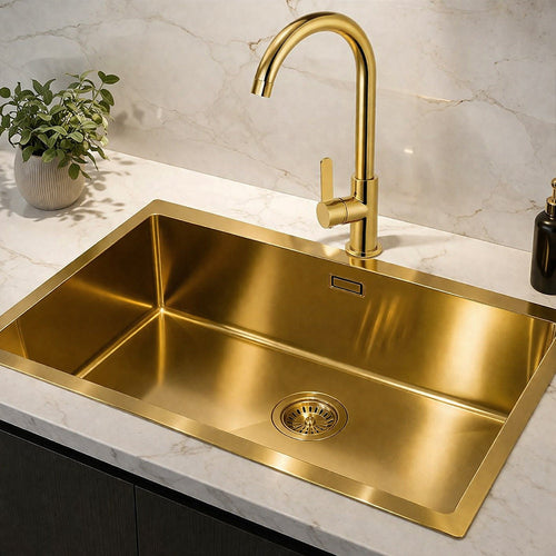 Solvivo · Rubinetto oro lucido da cucina canna alta curva orientabile – vista principale